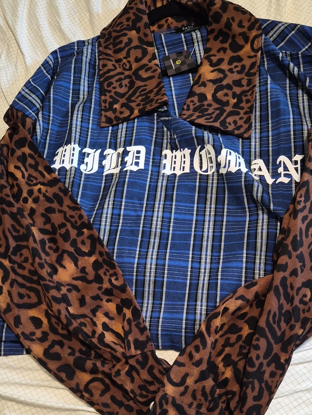 Dressed in LALA Blue Plaid Top with Brown Leopard Trim